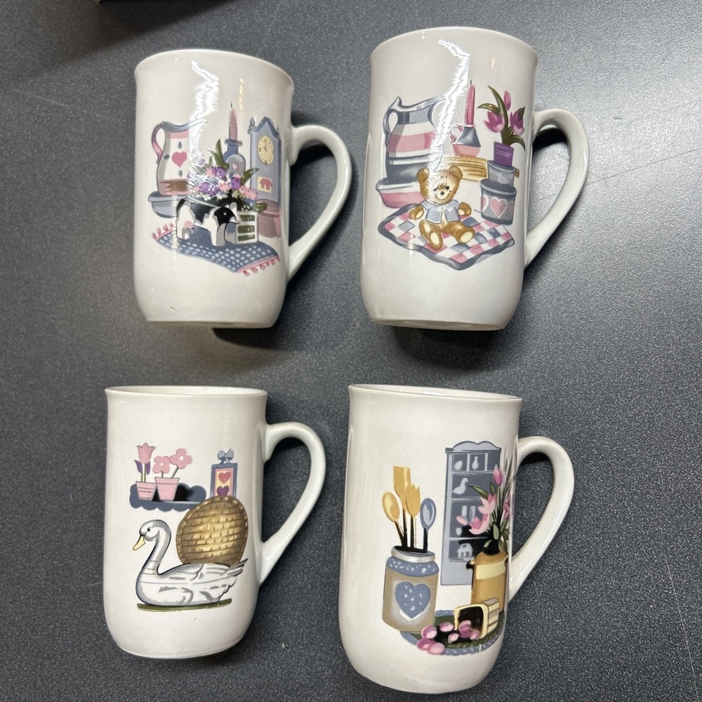 Vintage Country Cottage Grandma Floral Geese Goose Duck Set of 4 Mugs